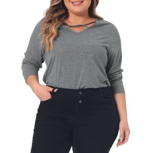 Plus Size Tops Tshirts Cross V Neck Casual Long Sleeves Top Grey